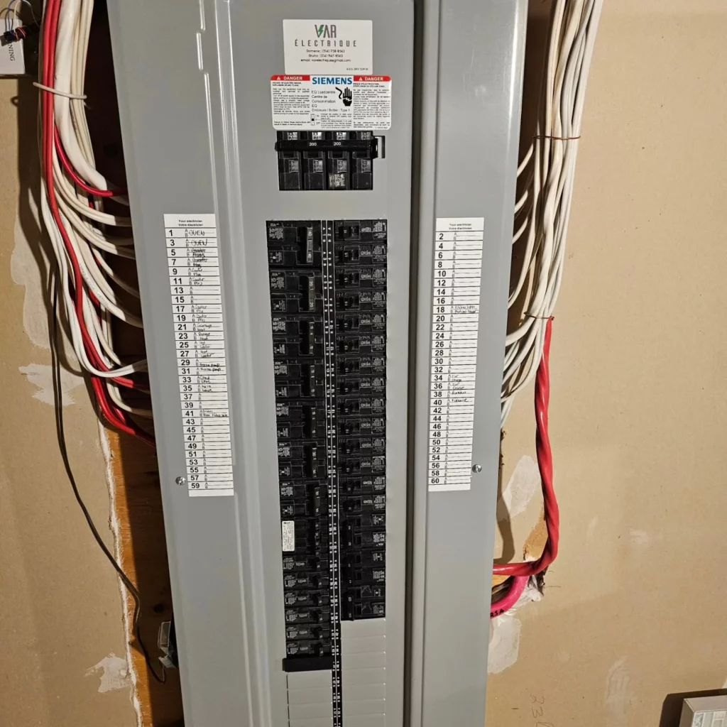 New 200 A electrical panel installed with a dedicated EV charger circuit